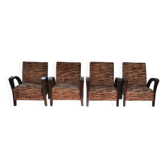 Pair of Art Deco armchairs in curved wood and multicoloured fabric from the 1920s.