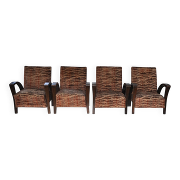 Paire de fauteuils Art Déco en bois courbé et tissu multicolore des années 1920.