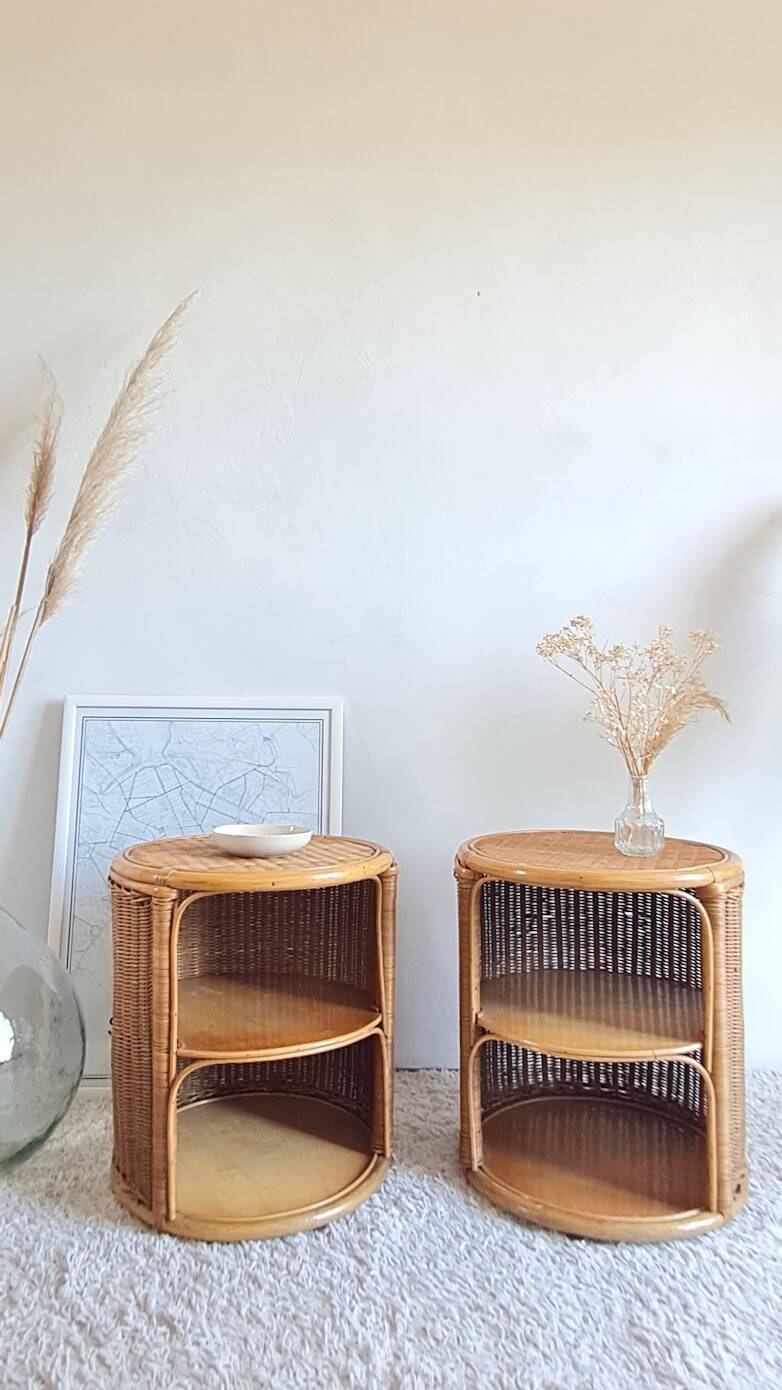 Pair of wicker bedside tables circa the 1970s.
