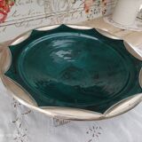 Round oriental hollow dish in deep green ceramic and silver colored metal