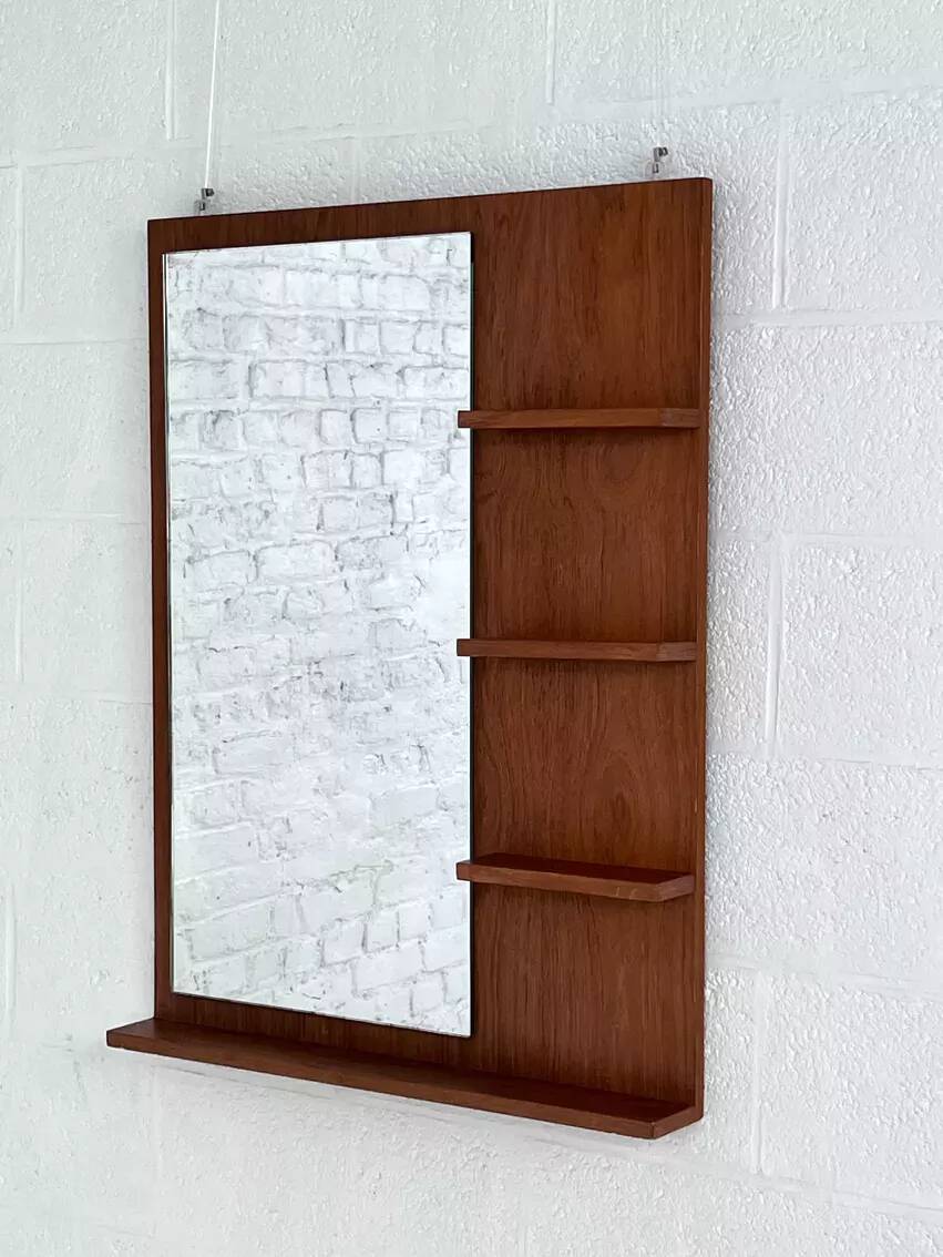 Scandinavian wooden mirror with integrated shelves