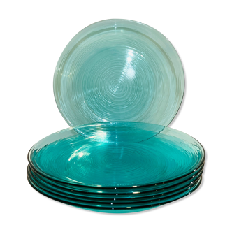 X6 assiettes en verre turquoise Arcoroc-france-retro-cuisine-vintage