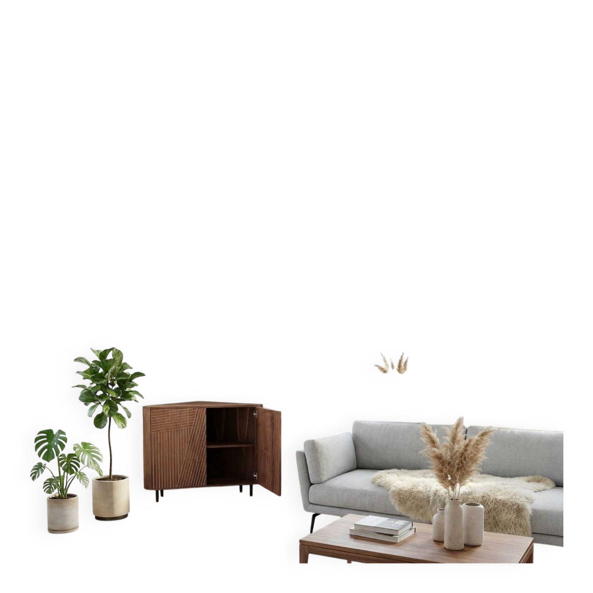 Corner console in walnut, 2-door sideboard, corner cabinet, line pattern.