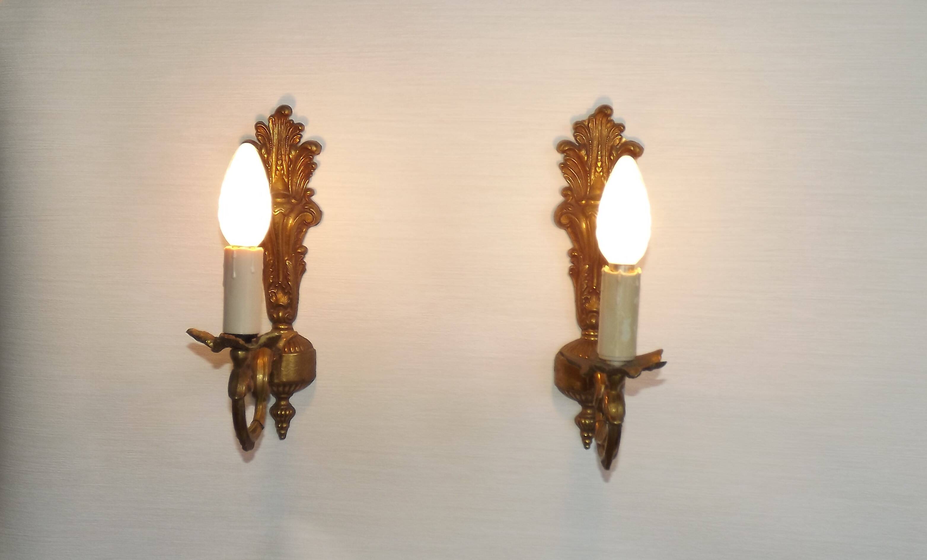 Pair French Gilt Bronze Single Wall Sconces Leaf & Feather Plume Detail