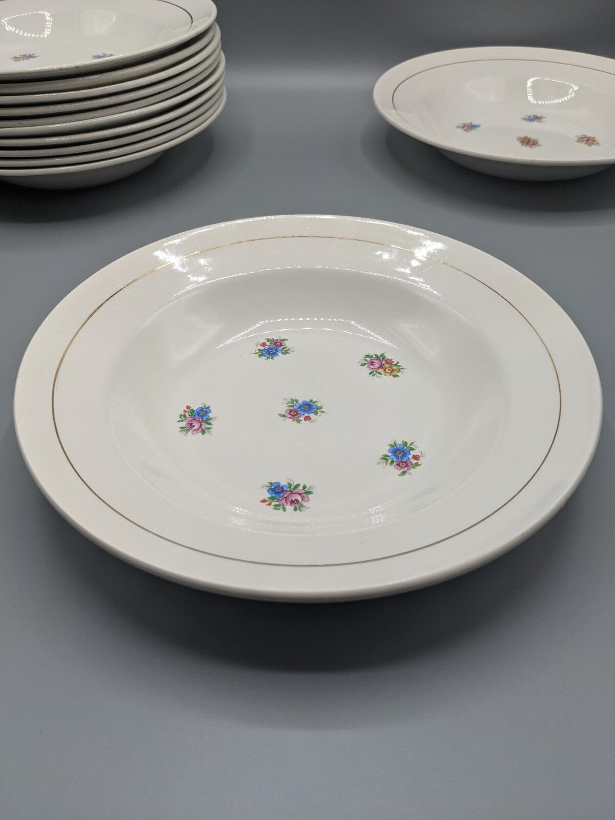 12 hollow porcelain plates, floral decoration and golden ledé - ∅: 23cm