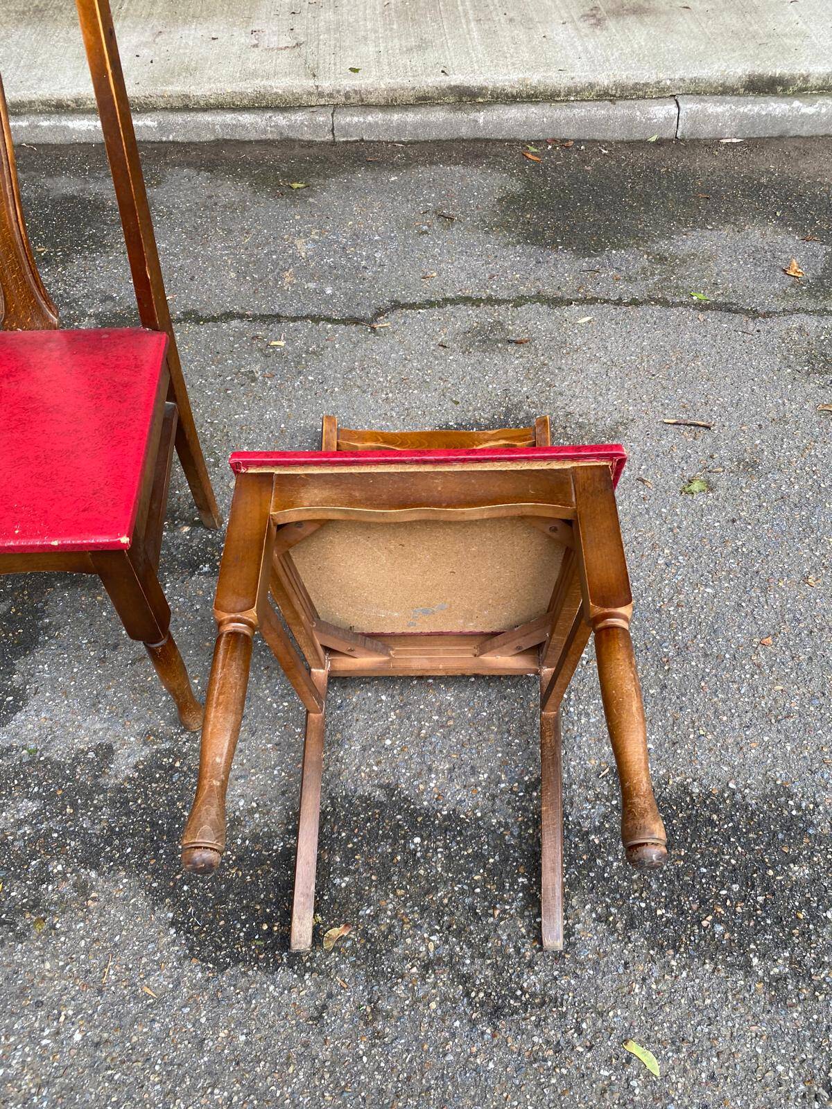 6 Art Deco dining chairs in solid wood and burgundy leather, 1950s
