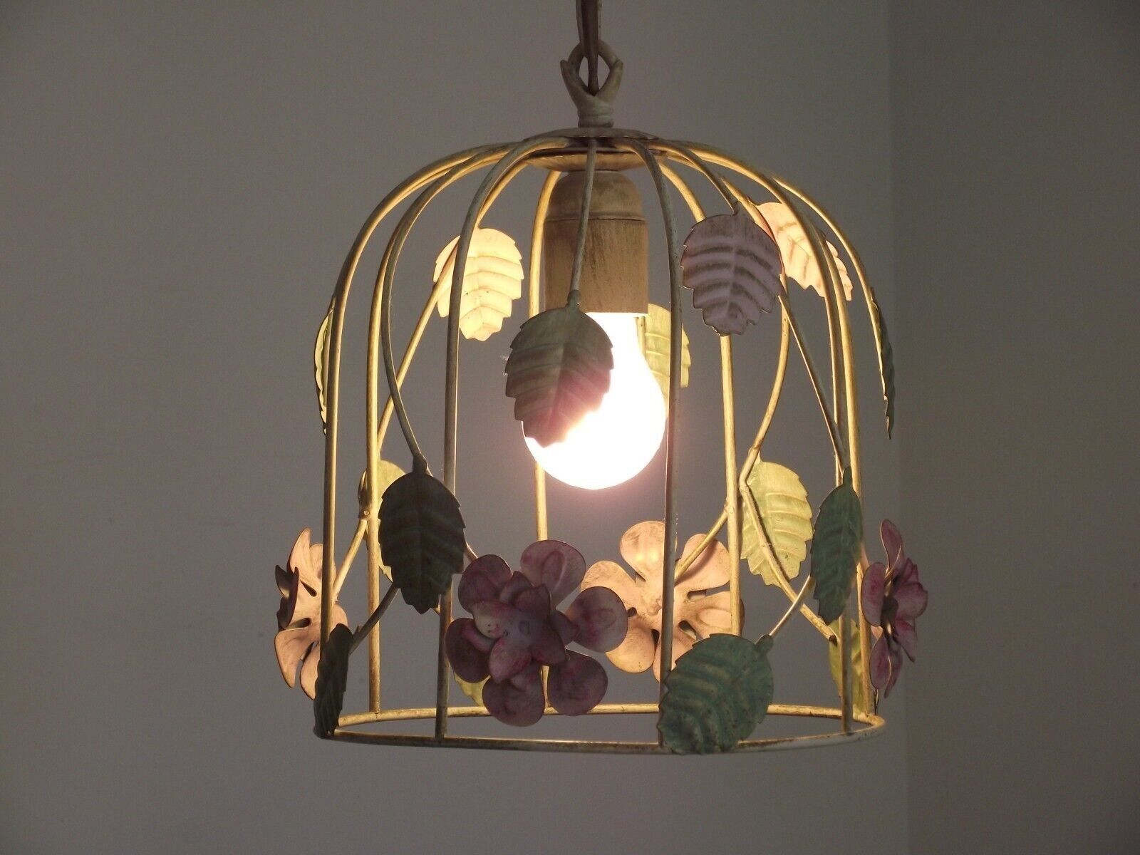 French vintage single bulb Toleware cage light with pink and green flowers