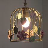 French vintage single bulb Toleware cage light with pink and green flowers