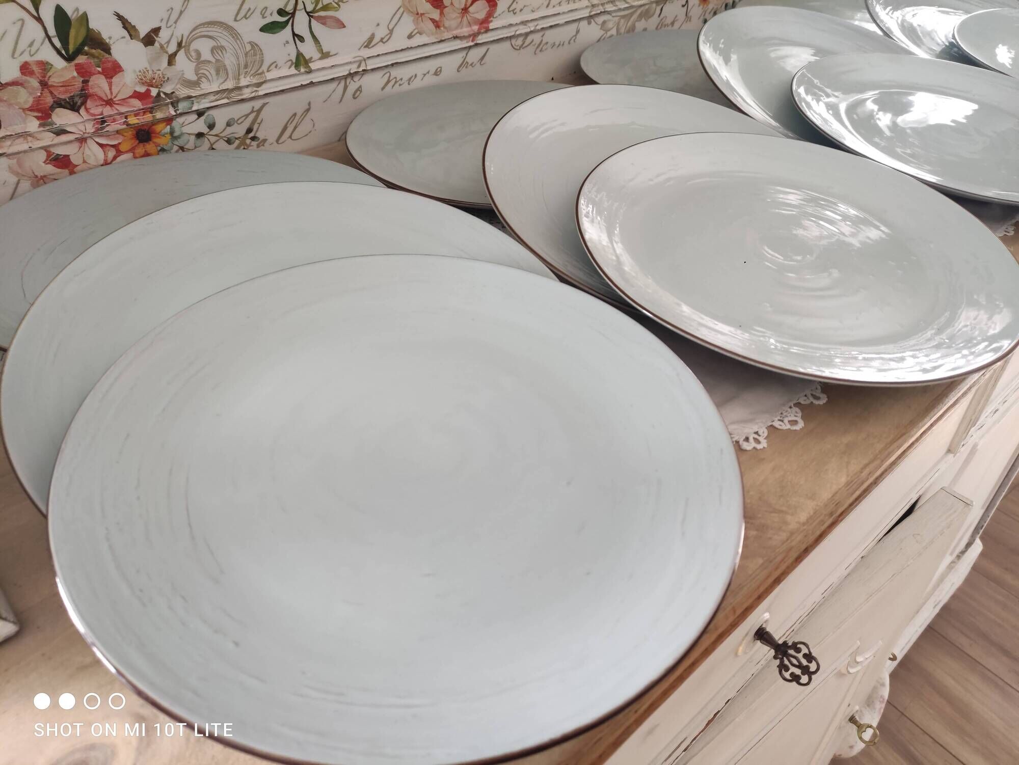 Set of 12 terracotta dinner plates enameled in green cecina