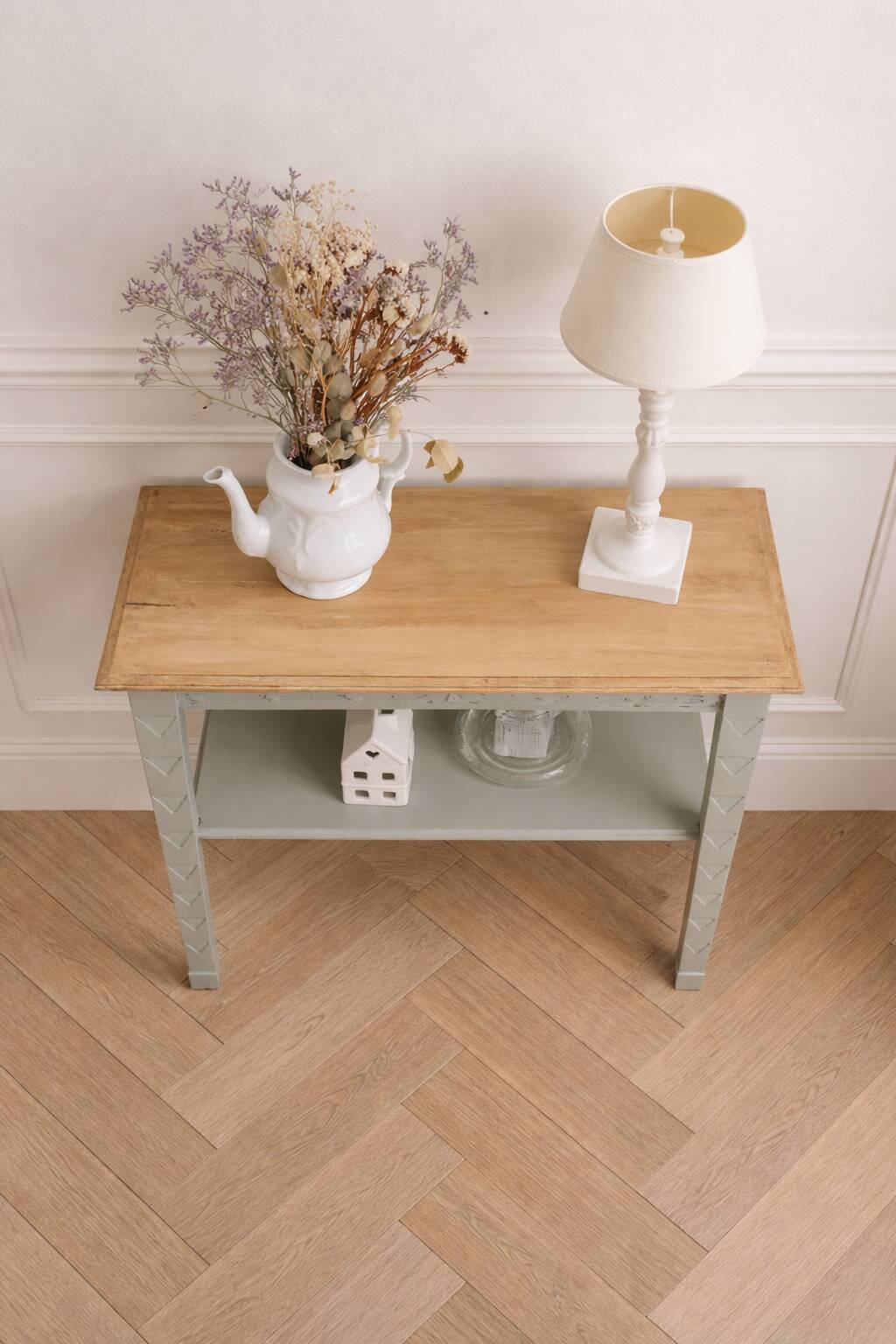 Side table, Art Deco reimagined in grey-green.