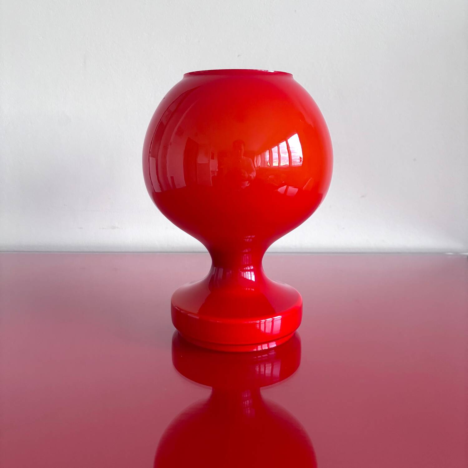 Red opaline glass table lamp, Osvetlovaci sklo, Czechoslovakia