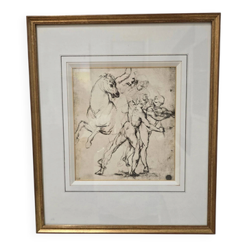 Framed drawing after an old master – Study of horses and male figures