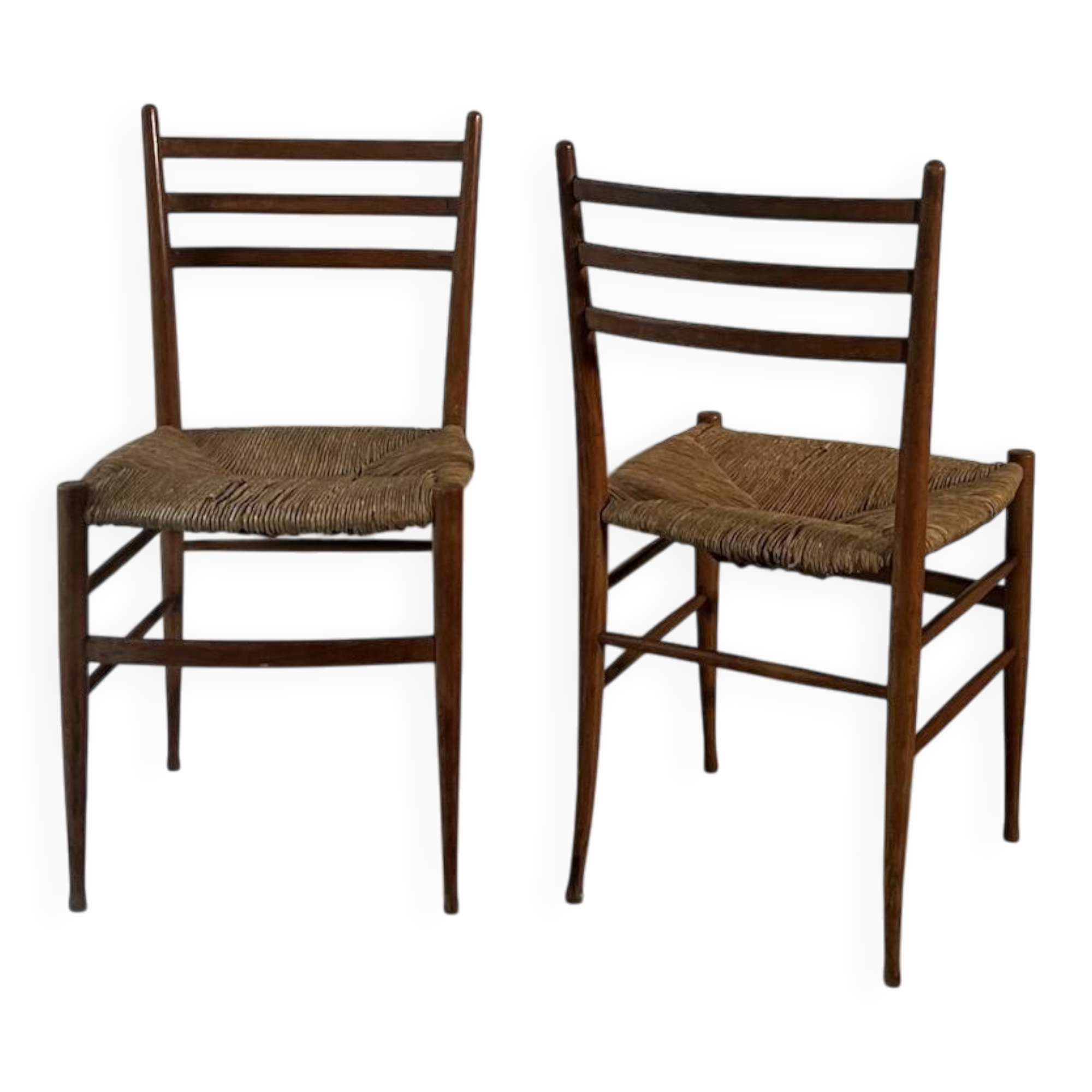 Set of 2 Italian chairs in wood and straw, Gio Ponti style 1950