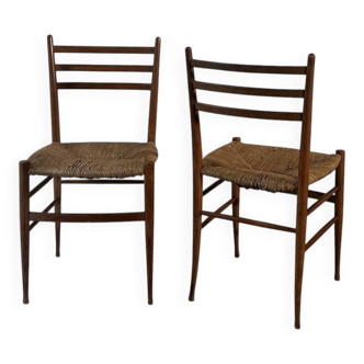 Lot de 2 chaises italiennes en bois et paille, Gio Ponti style 1950