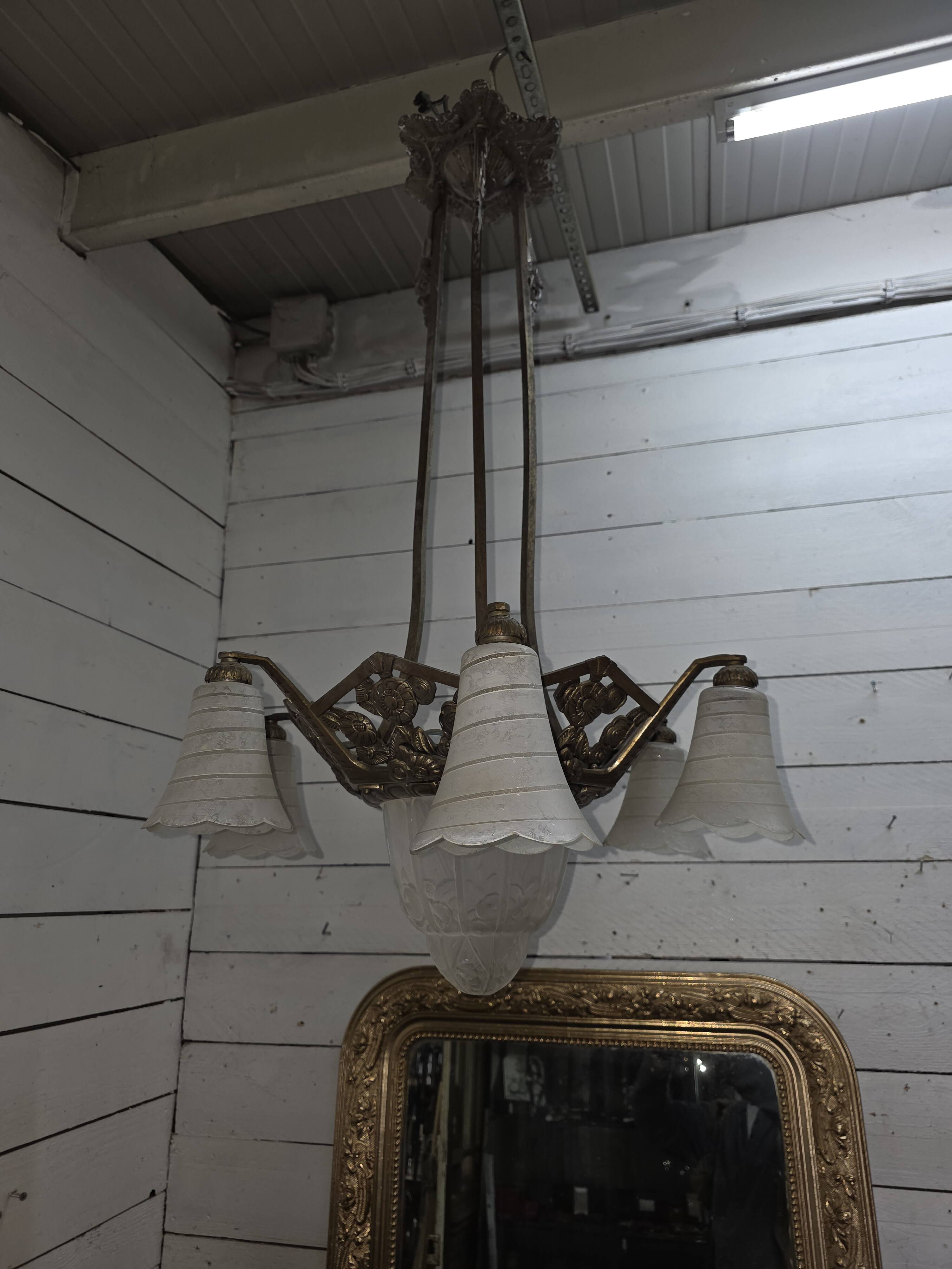 1930s Art Deco bronze chandelier