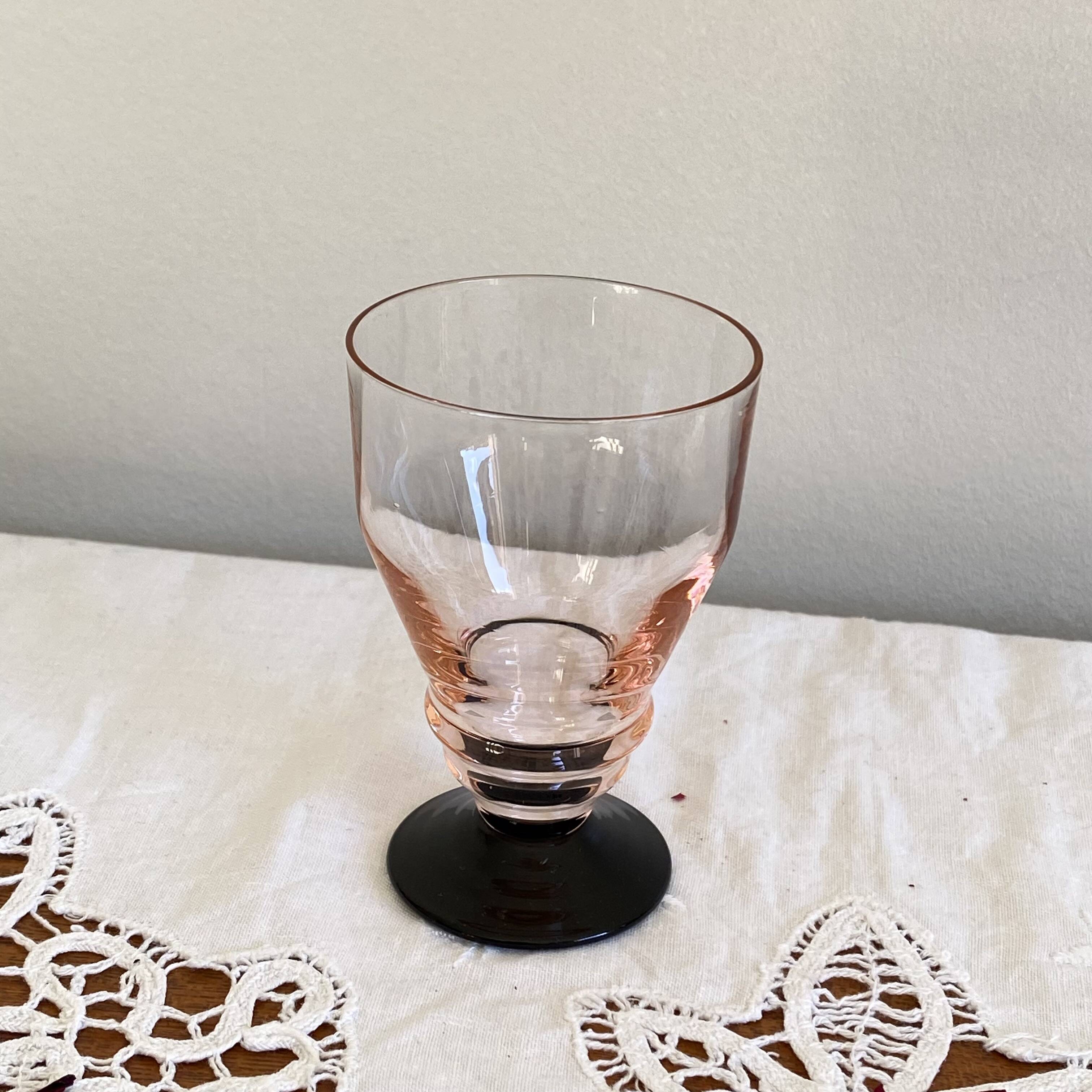 9 pink art deco wine or water glasses with black stem
