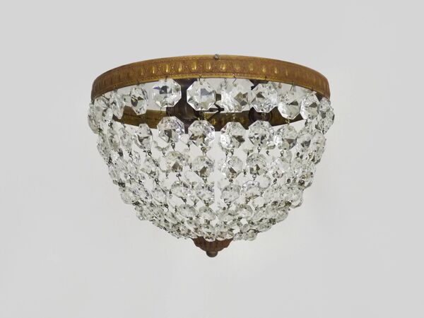 Ancien plafonnier couronne à 3 feux, demi corbeille pampilles en verre. 60