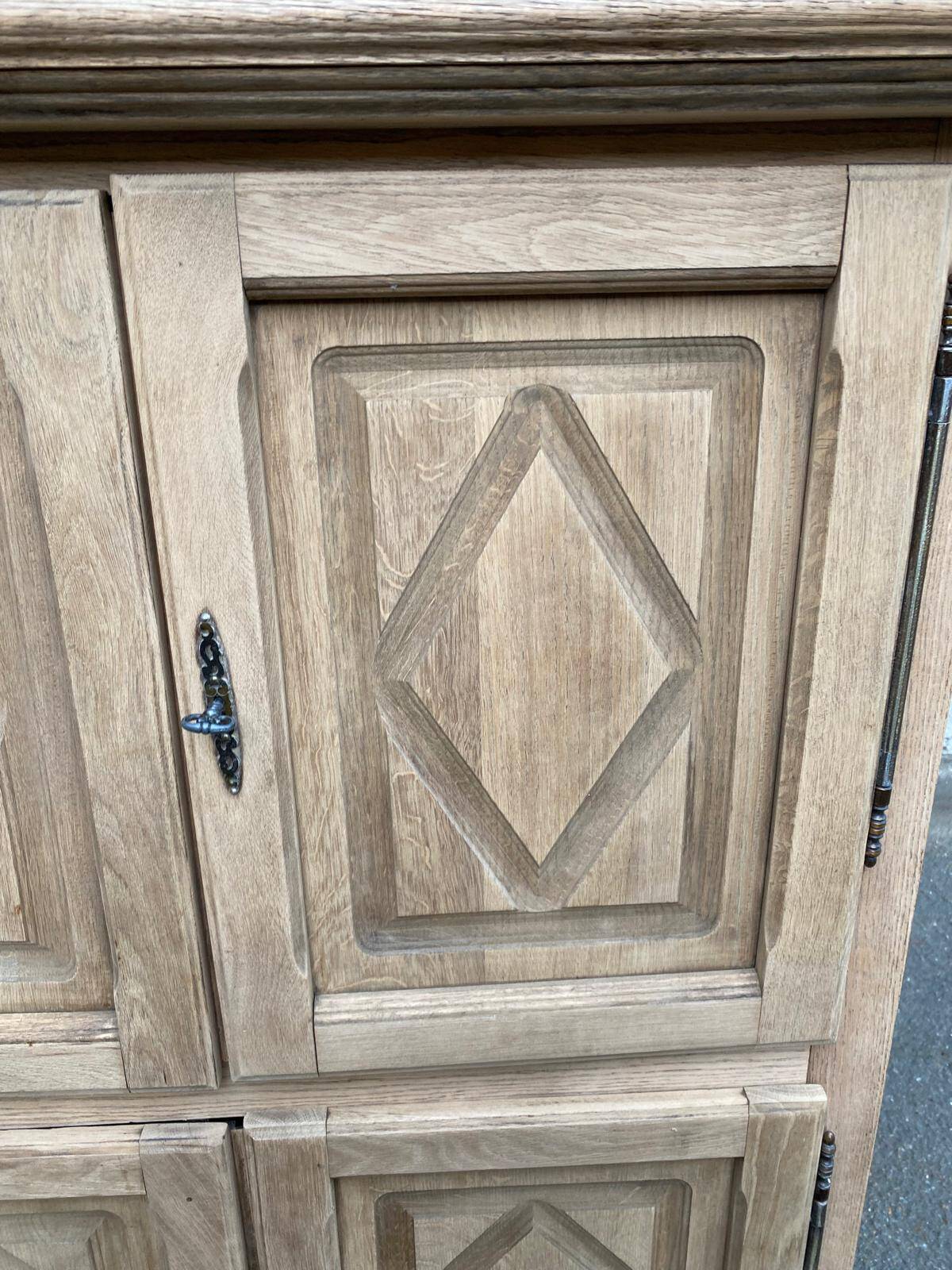 Buffet armoire with 4 doors, diamond point, stripped in light oak from the 1970s.