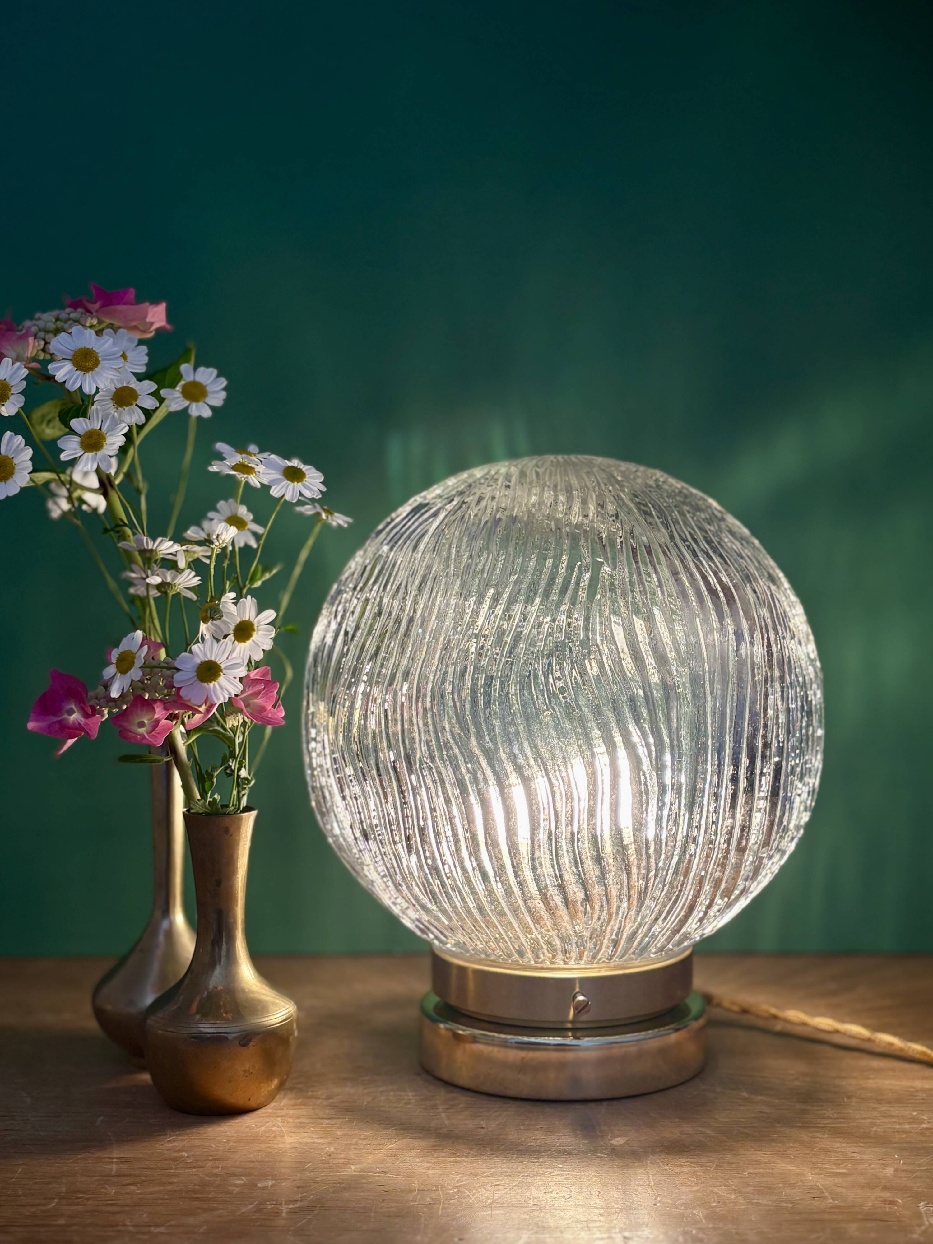 Vintage globe table lamp in ribbed glass