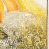 Vibrant mid-century oil painting Mount Fuji at sunset