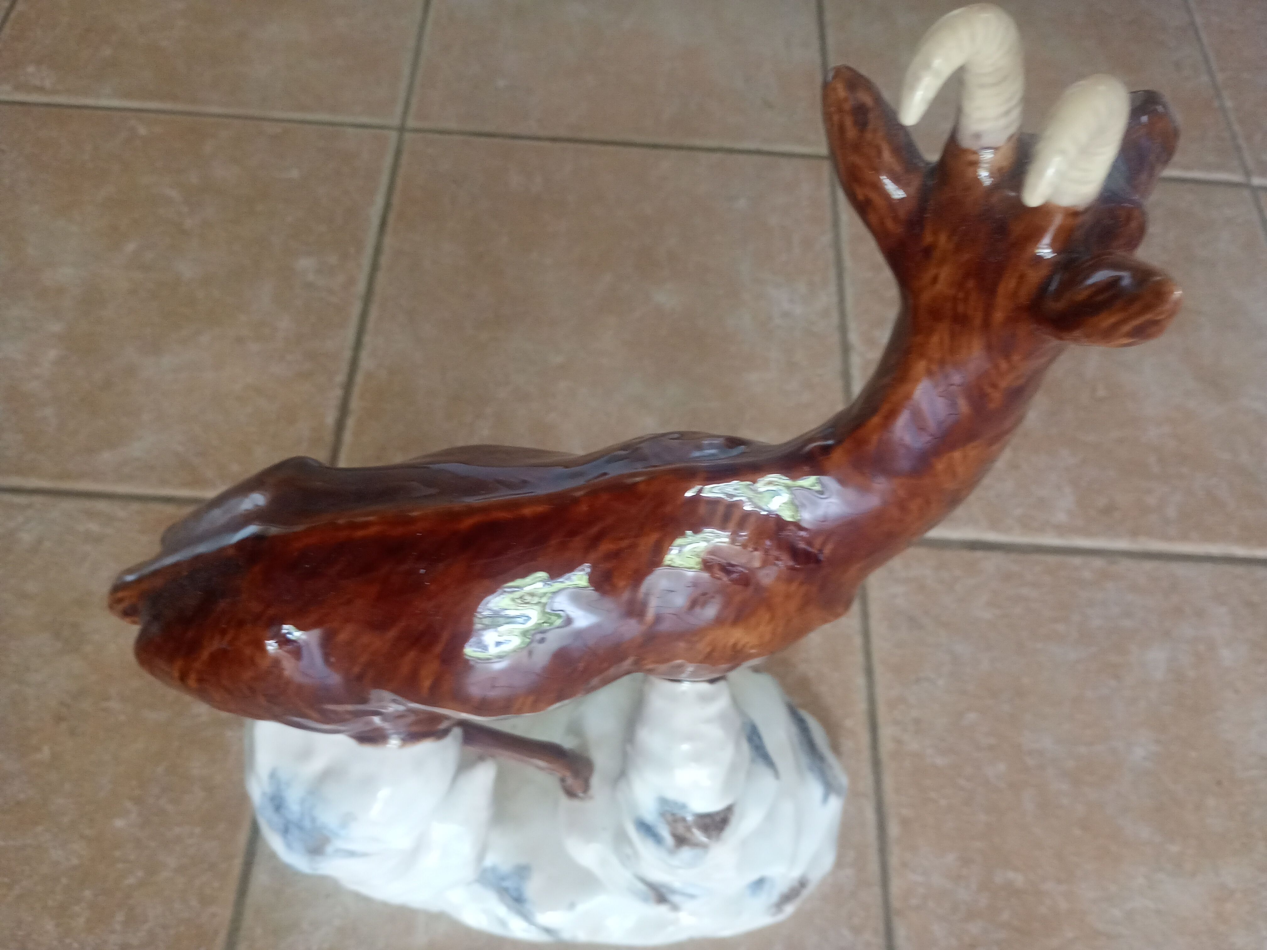 Statuette 43cm chamois on a snowy rock - polychrome ceramic