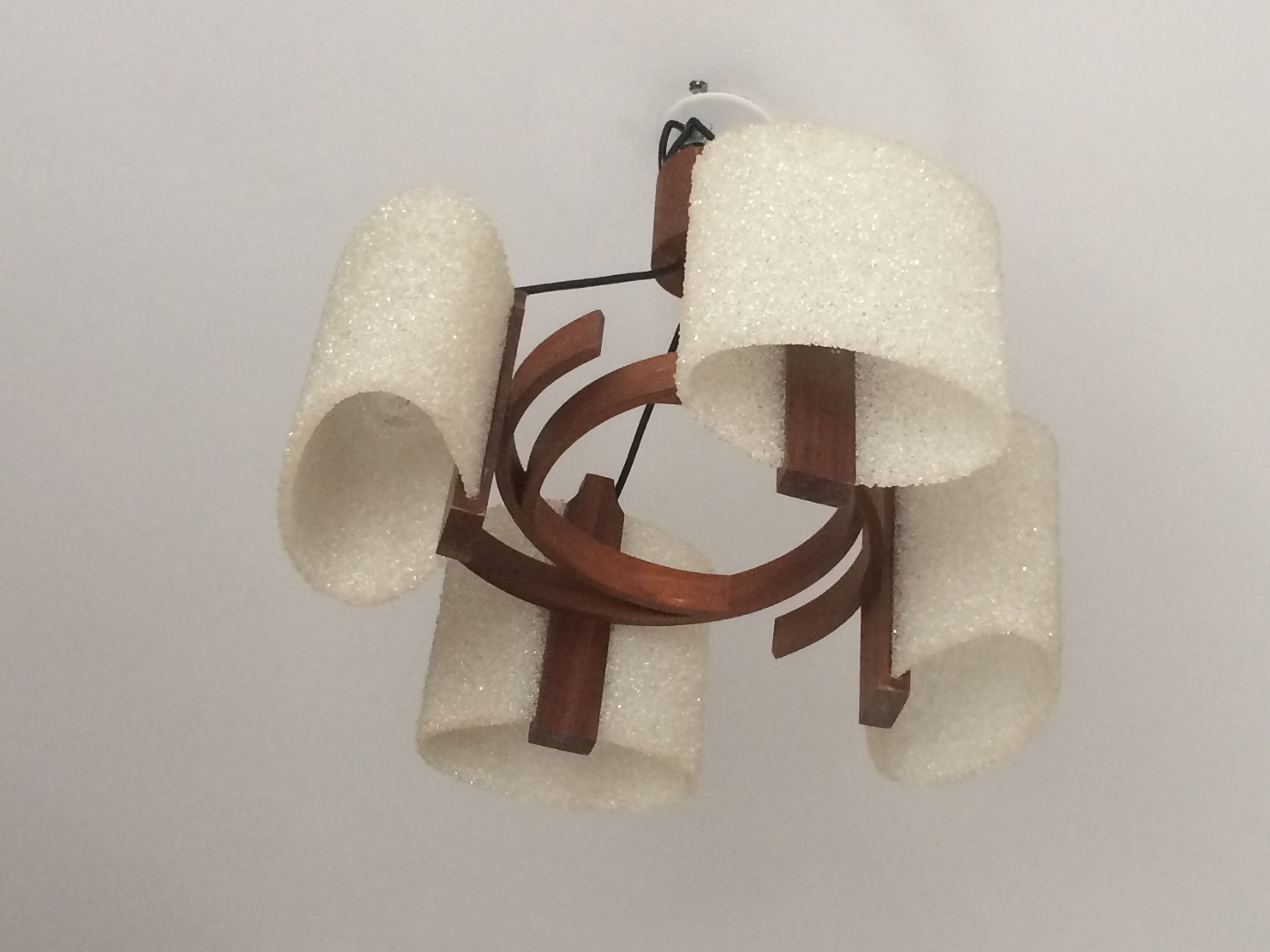 Teak hanging lamp and 4 shades in perpex 1950