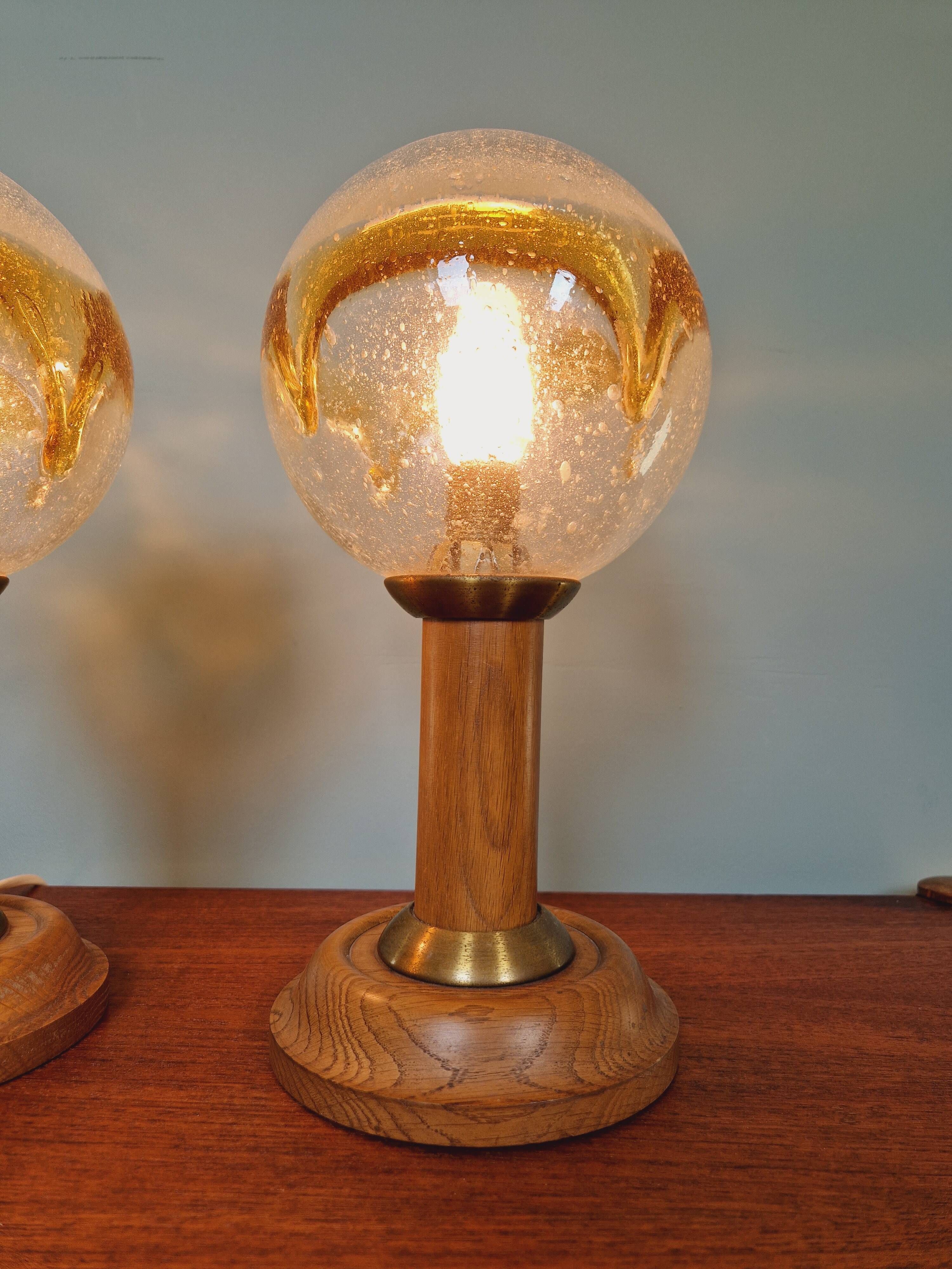 Pair of wooden and blown glass lamps, Honsel Leuchten, 1970s
