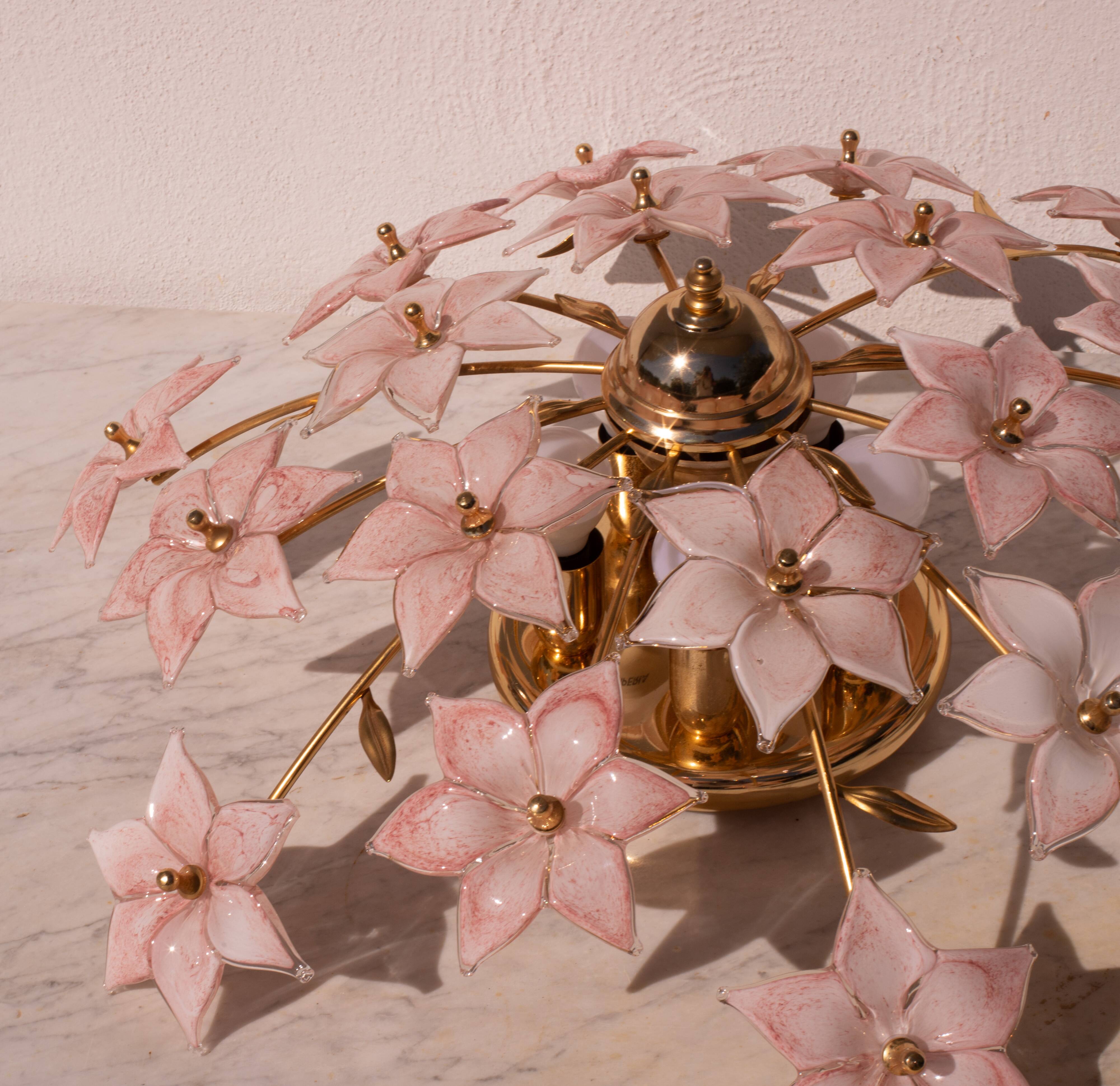 Murano vintage ceiling light pink flowers, 1970s