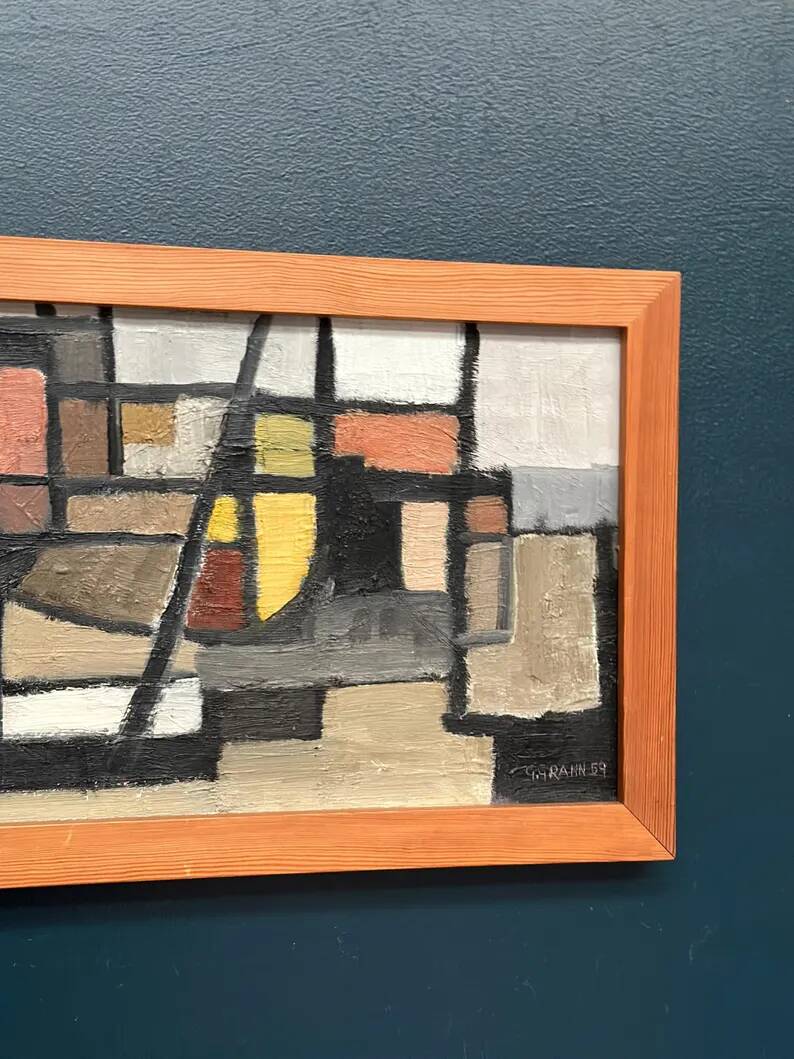 Original Swedish Oil on Canvas – “Abstract Composition” – Signed – Dated 1959 – Vintage & Framed – 77 × 35 cm