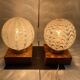 Pair of vintage 80s glass globe table lamps with wooden base
