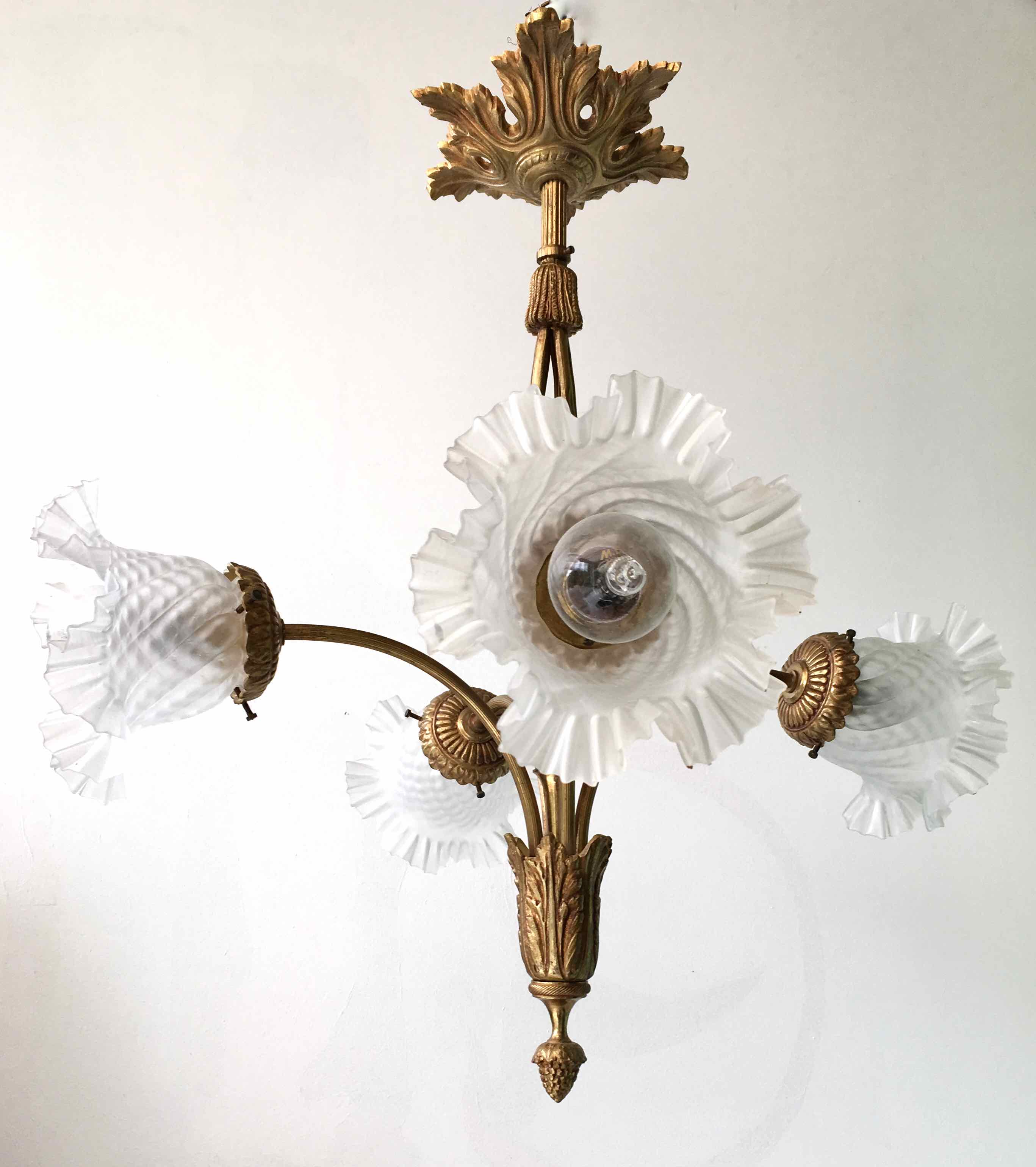 Art nouveau chandelier bronze and pressed glass