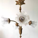 Art nouveau chandelier bronze and pressed glass