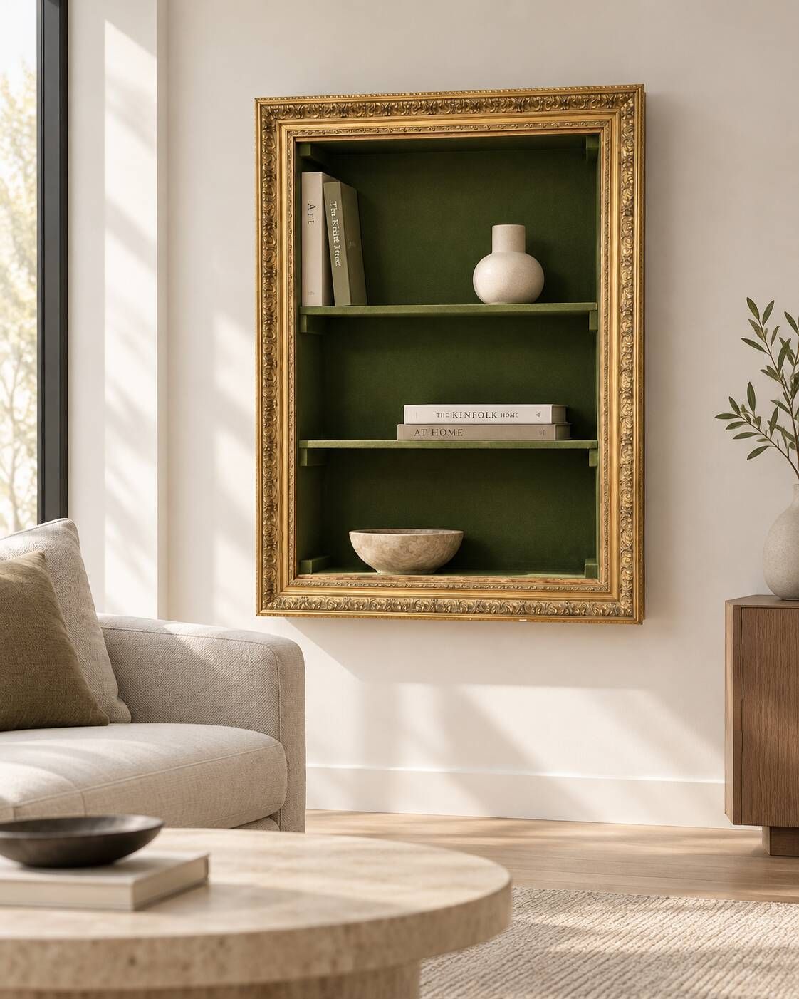 Vintage wall shelf with moulded gold frame – 74 × 106 cm