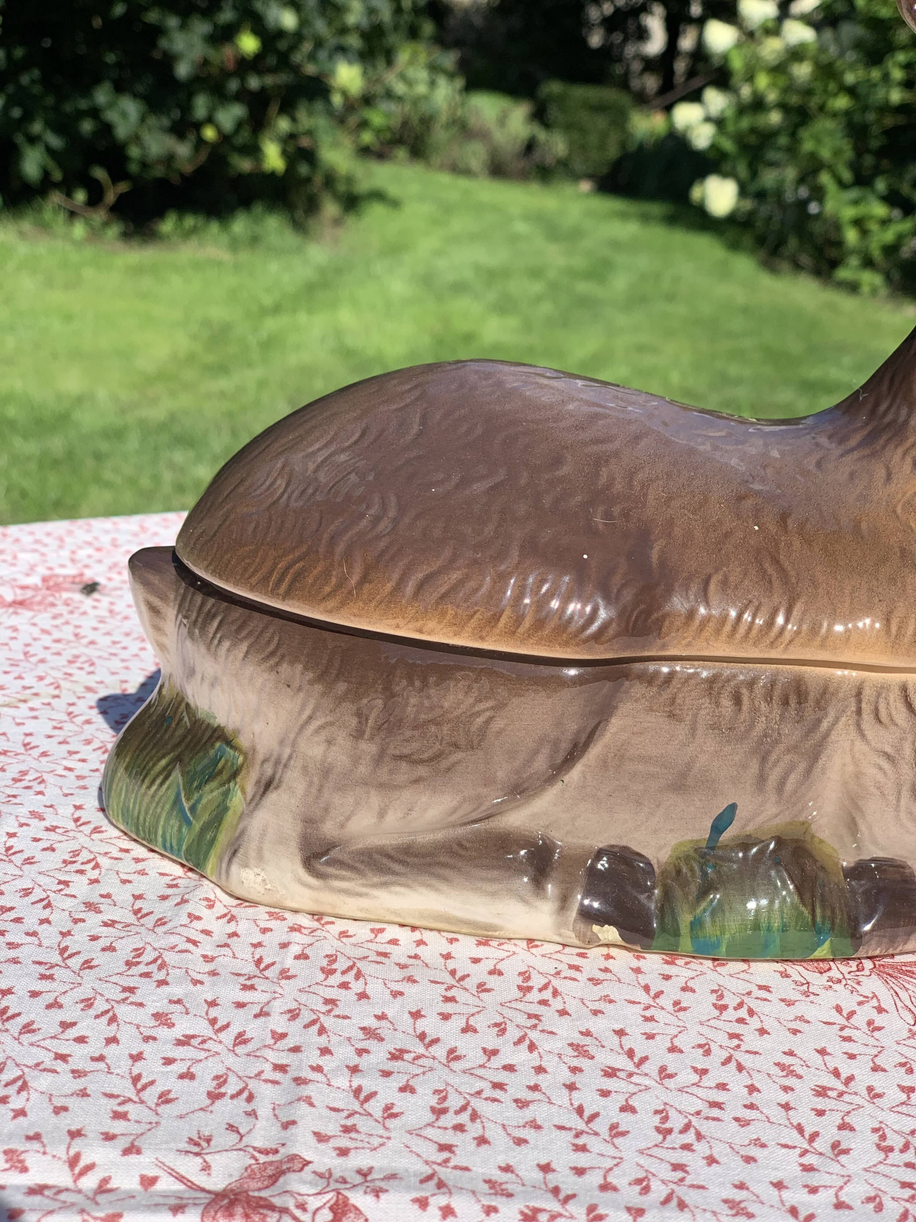 Ancient zoomorphic terrine in the shape of a deer, enamelled earthenware, Caugant