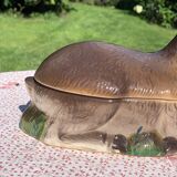 Ancient zoomorphic terrine in the shape of a deer, enamelled earthenware, Caugant