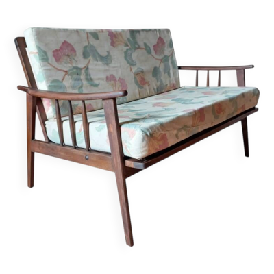 Banquette vintage scandinave en hêtre massif années 1950 pieds compas