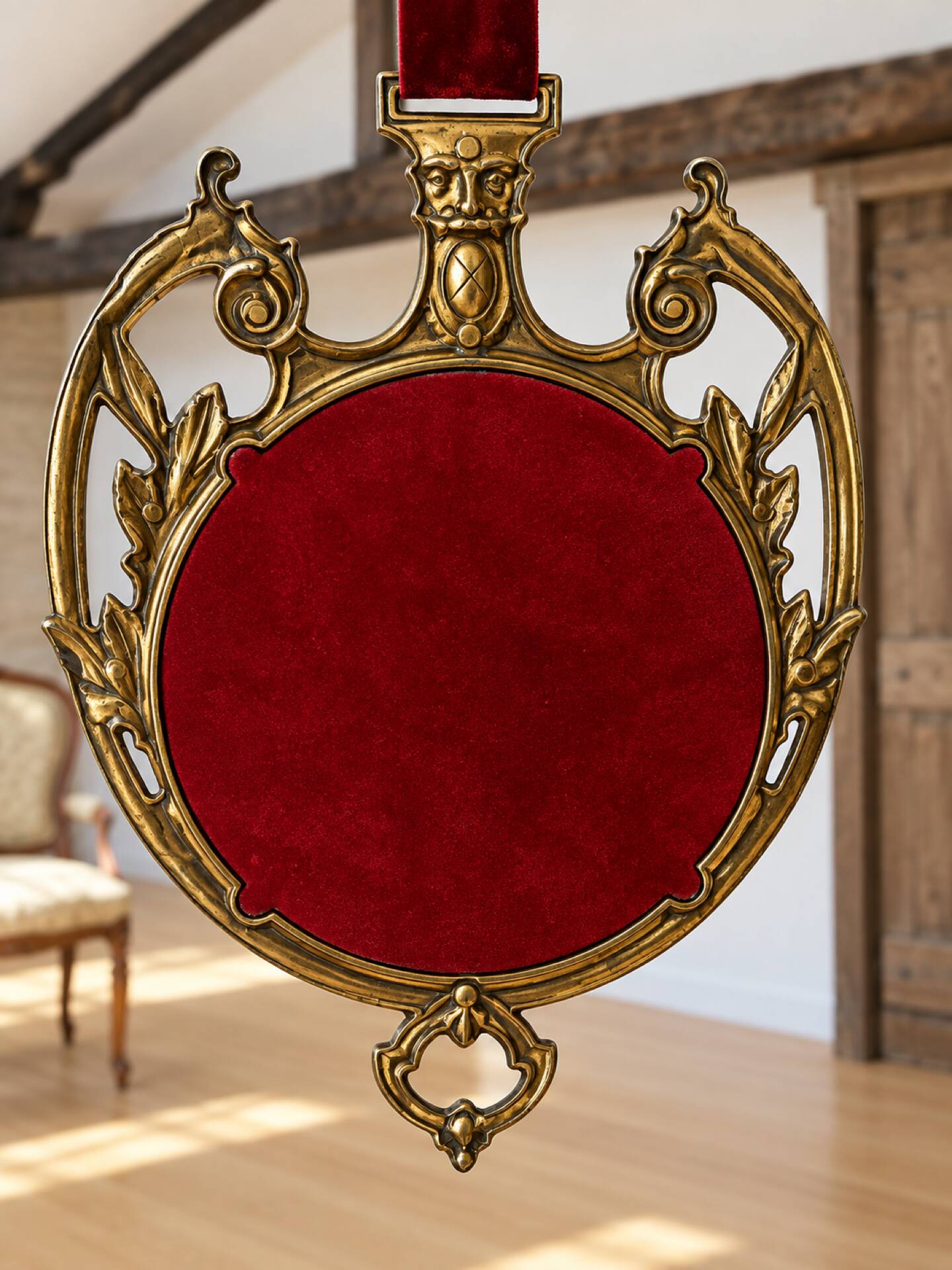 Vintage hanging mirror in gold metal and burgundy velvet – 63 × 24 cm