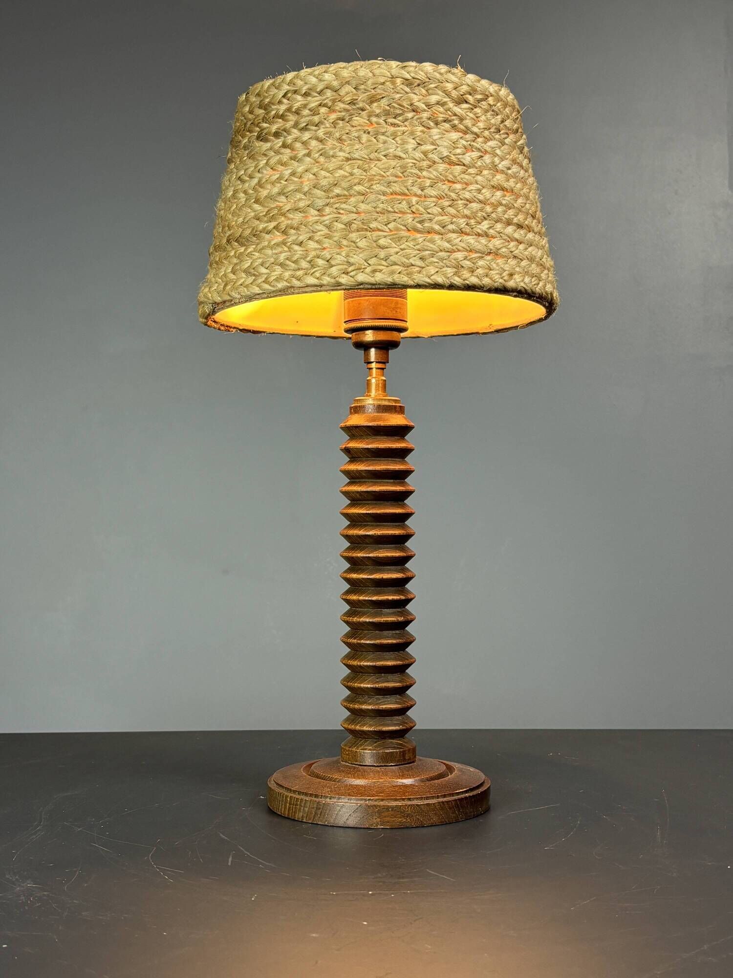Midcentury French brutalist wood turned table lamp, Charles Dudouyt style