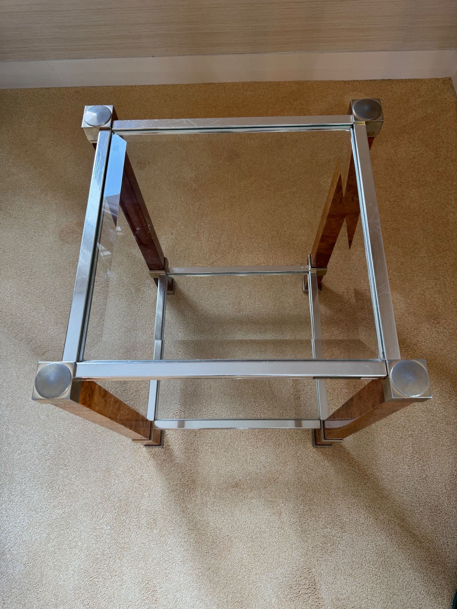 Side table Pierre Vandel Paris, magnifying glass and chrome, engraved brass plate.