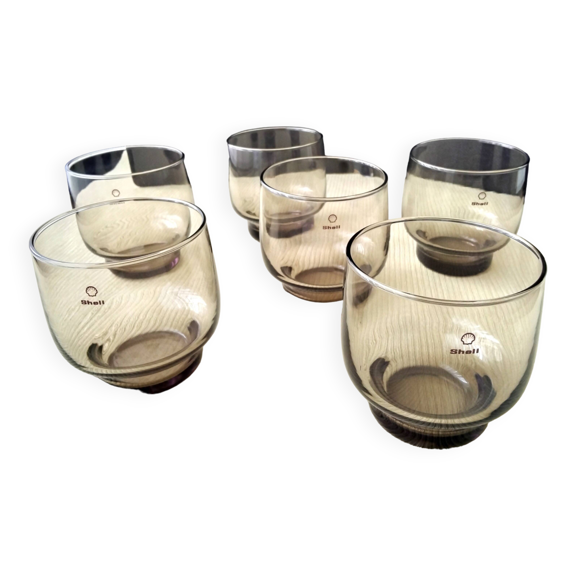 6 Vintage Shell Smoked Glass Glasses