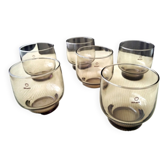 6 Vintage Shell Smoked Glass Glasses