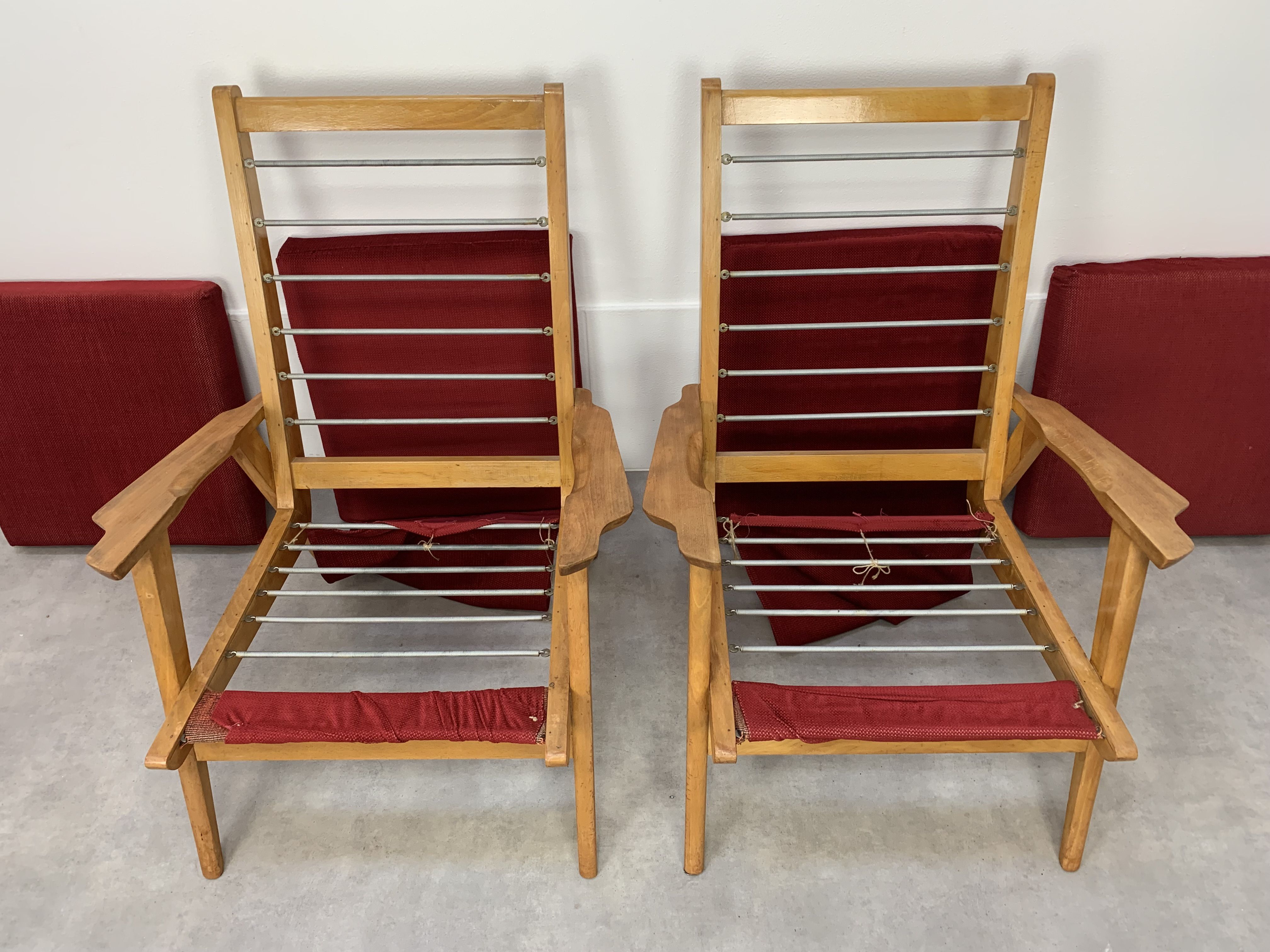 Pair of 50s vintage boomerang armchairs velvet and wood
