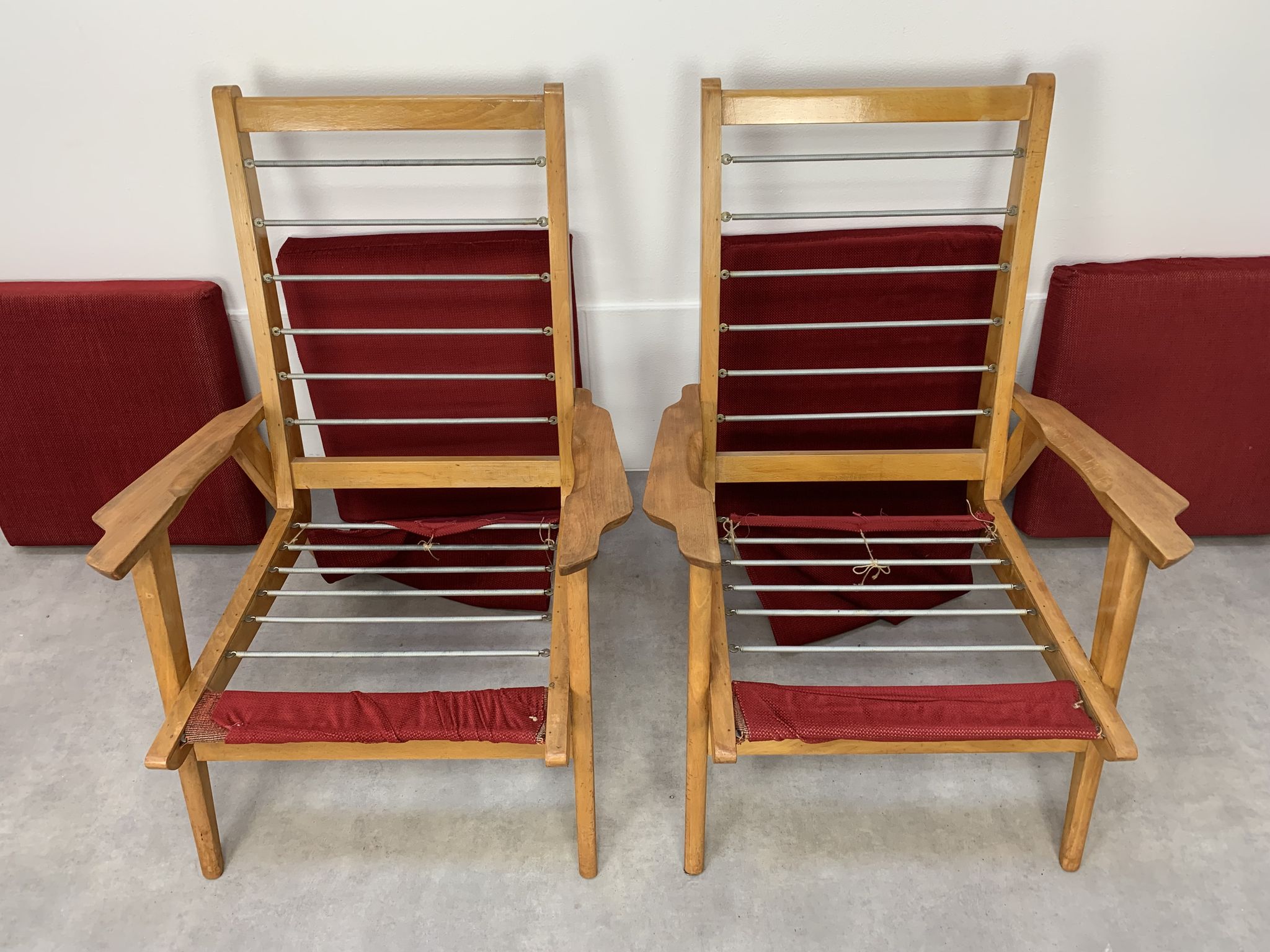 Pair of 50s vintage boomerang armchairs velvet and wood
