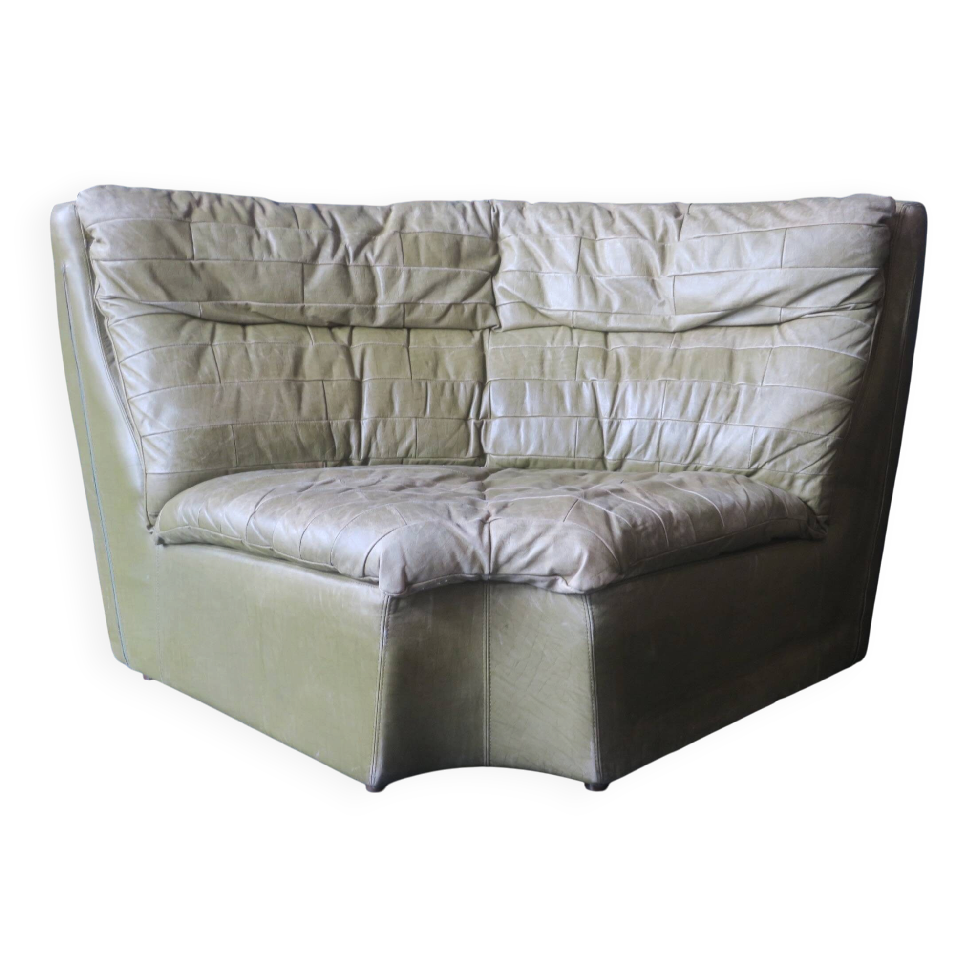 Patchwork large olive green leather corner lounge chair by Laauser, 1970s