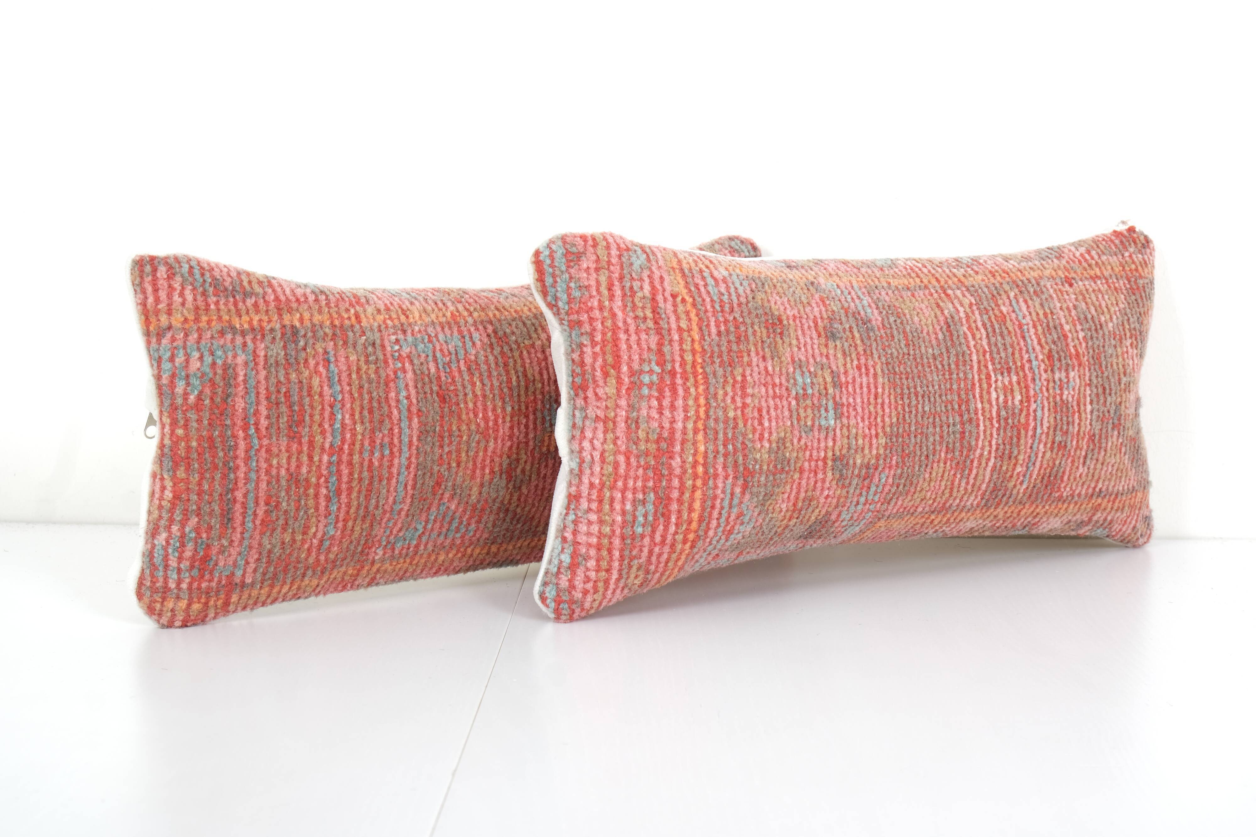 Set of Two Turkish Oushak Rug Pillow Cover, Pair Oblong Chair Cushion, Neutral Pillow Cases Made Out