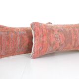 Set of Two Turkish Oushak Rug Pillow Cover, Pair Oblong Chair Cushion, Neutral Pillow Cases Made Out