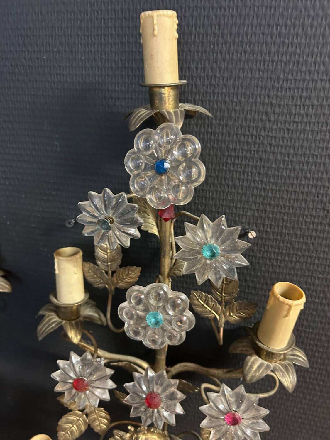 Important Pair of Church or Chapel Wall Lights in Gilded Brass and Glass, Late 19th Century, H 70 Cm