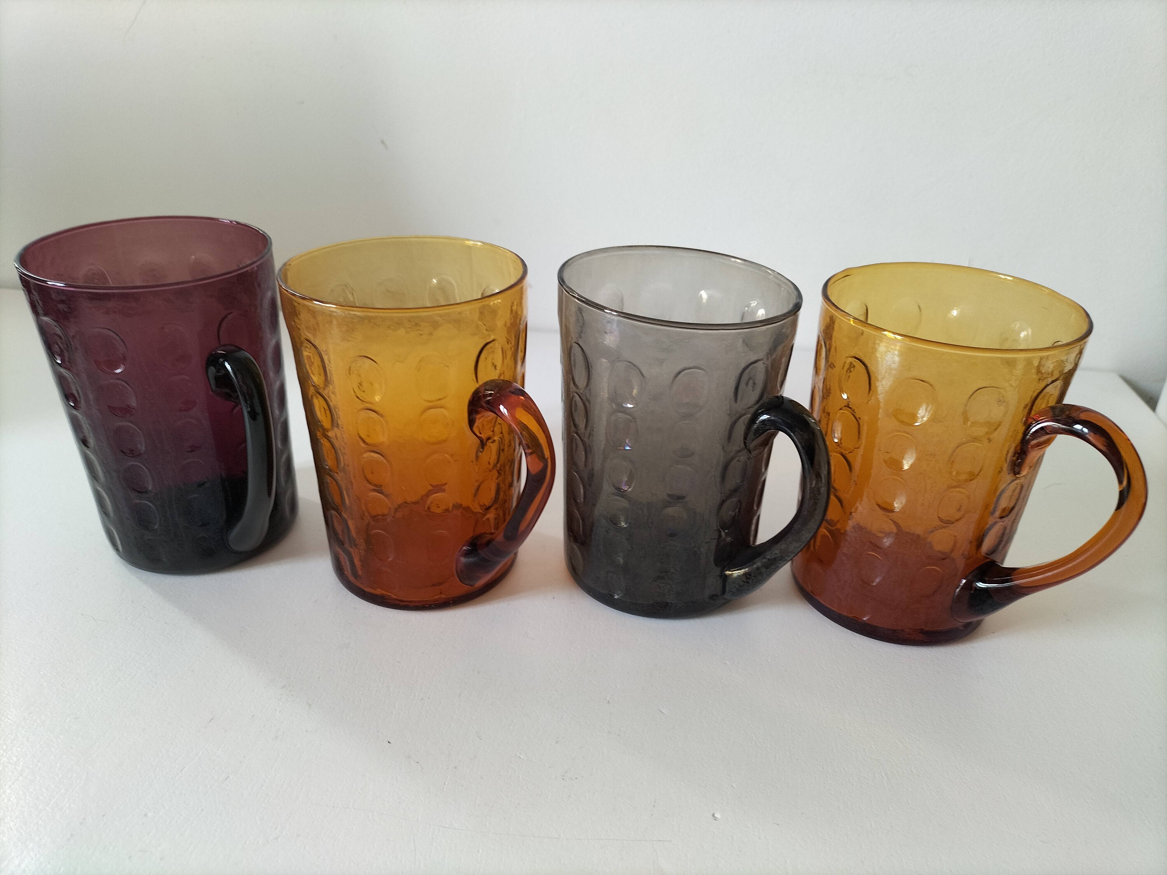 Set of 4 coloured pressed glass mugs, vintage style.
