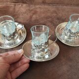 Set of 3 small metal glasses and saucers
