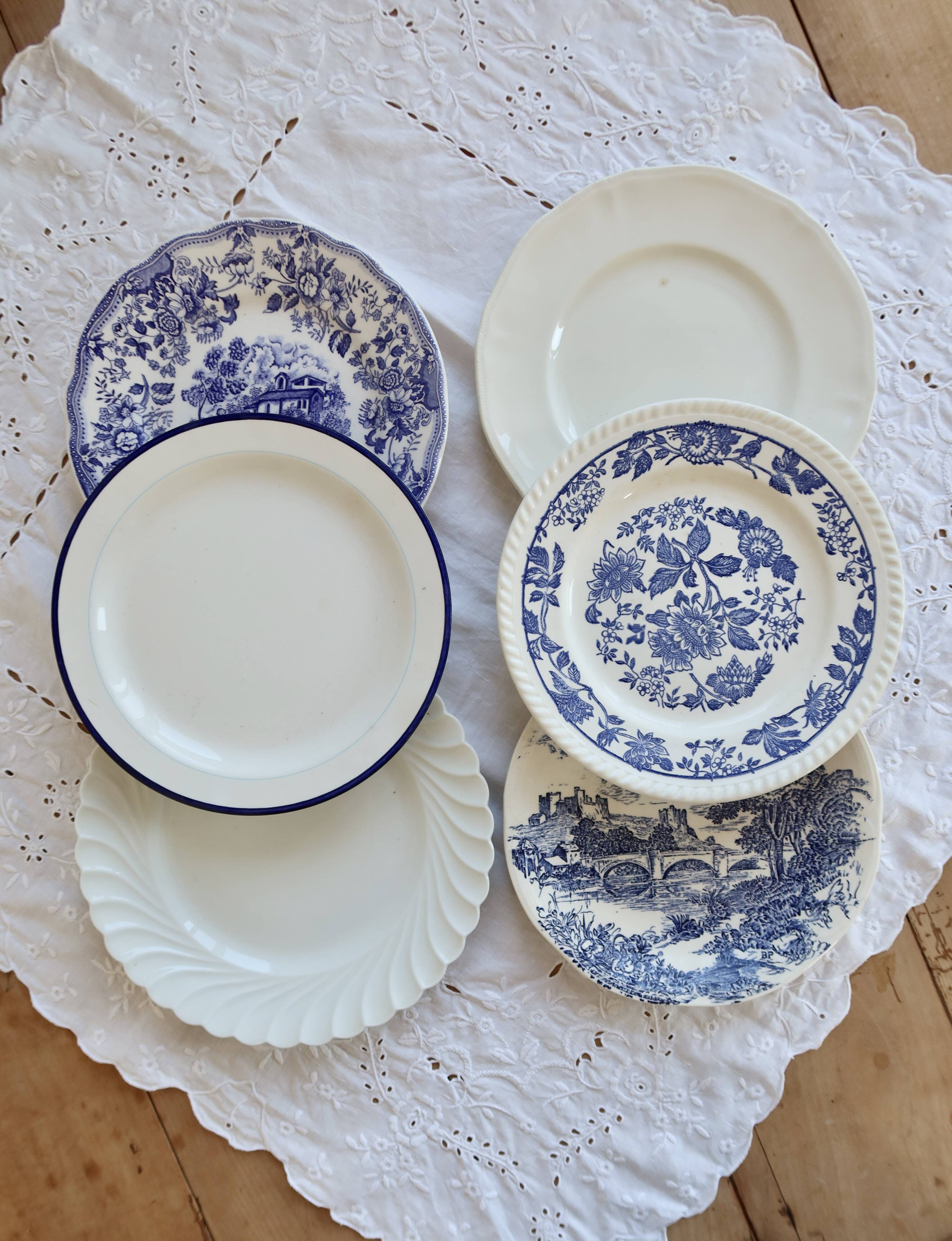 6 mismatched vintage blue and white dinner plates – Earthenware and porcelain